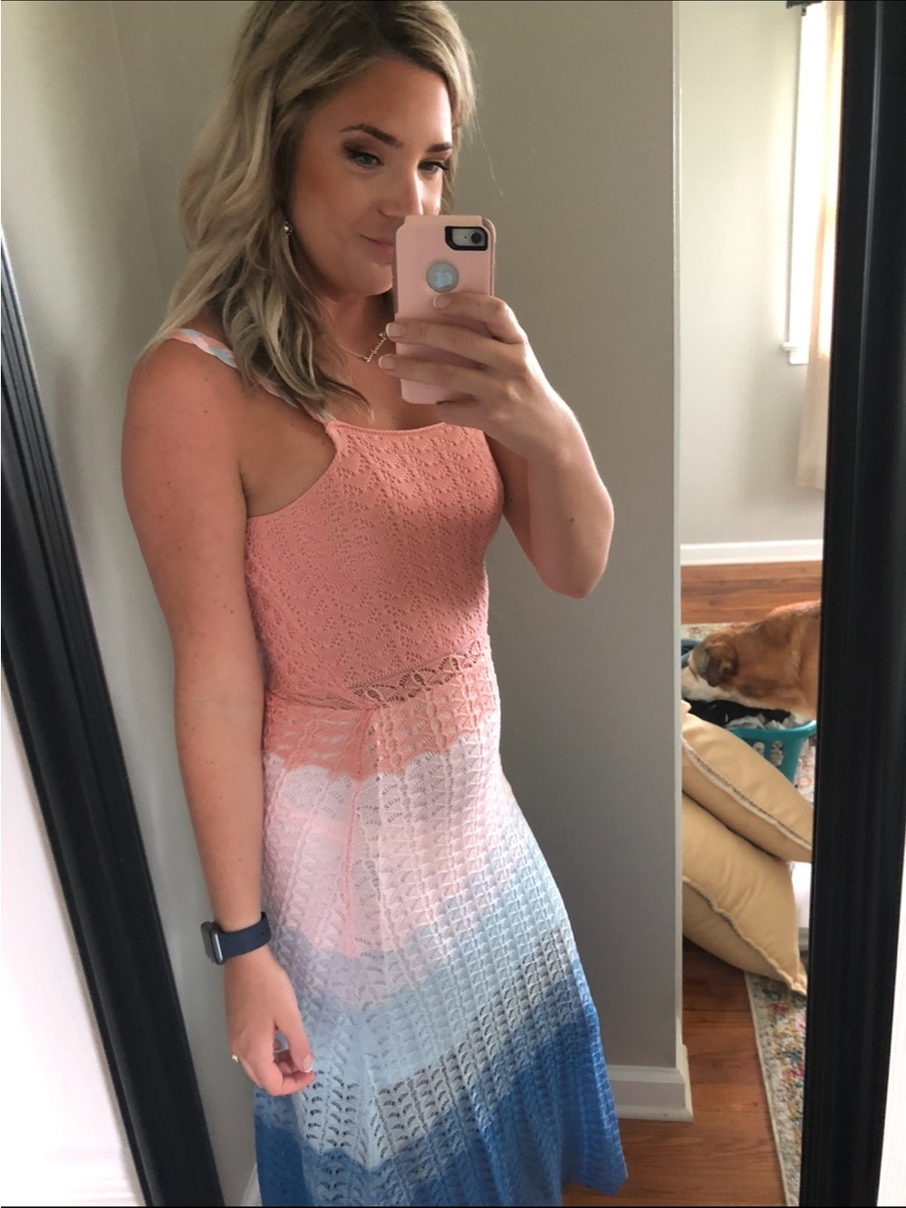 Ombre Crochet Maxi Dress in Peach, White and Blue